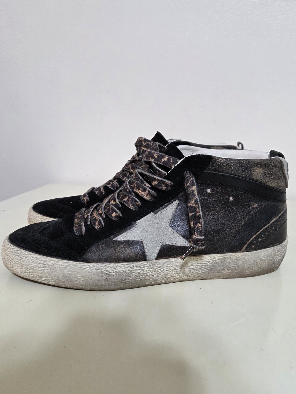 Golden Goose Women's MidStar Classic Black High-Top Sneakers With Cheetah Laces - Picture 3 of 11